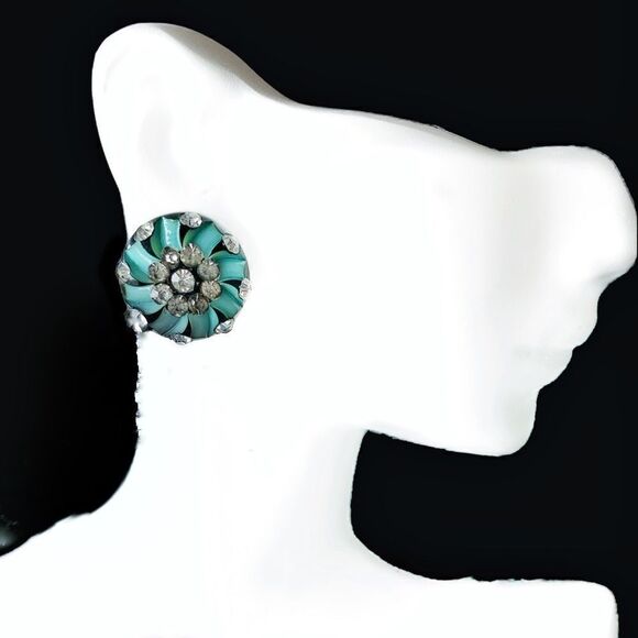 Vintage black turquoise crystal mid century earrings screw back - Picture 2 of 7